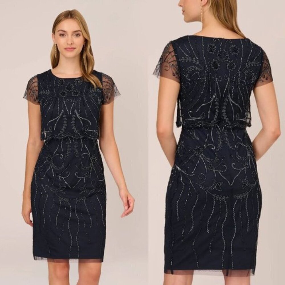 New! Adrianna Papell Midnight Blue Beaded Cocktail Mini Dress Sz 6 26752